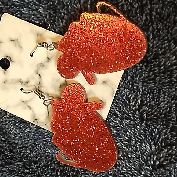 Acrylic Hot Coco Christmas Earrings 1 1/4 x 2 inches Red Glitter, white, yellow - Picture 4 of 4